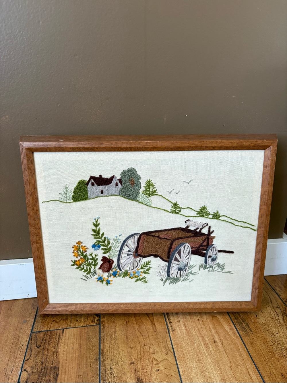 Vintage Crewel Embroidery framed piece Old Wagon Scene Creative Circle kit 313